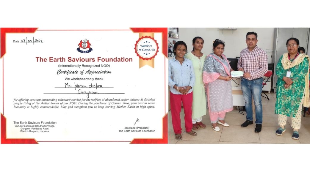Vijay Lakshmi Welfare Trust contribution of RS. 1 Lakh towards development of covered Veranda at The Earth Saviours Foundation for abandoned senior citizens and disabled people.